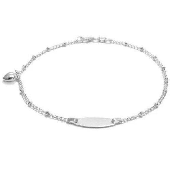 EXQUISITE STERLING SILVER ENGRAVABLE PLATE WITH HEART 9" ANKLET - Picture 2 of 3